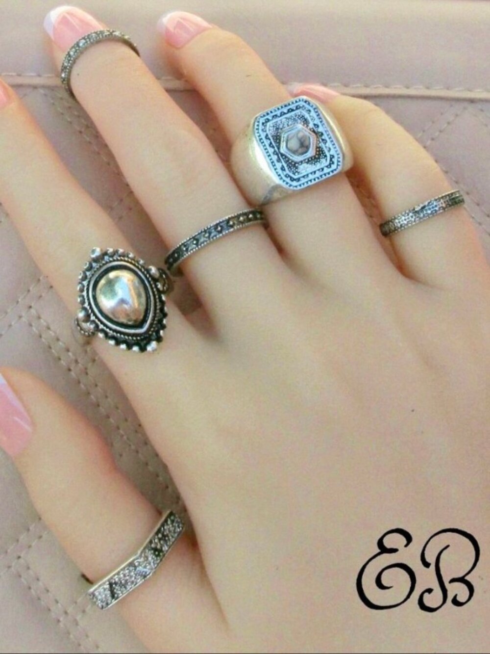 Boho Burnished Silver Fashion Rings Set of 6